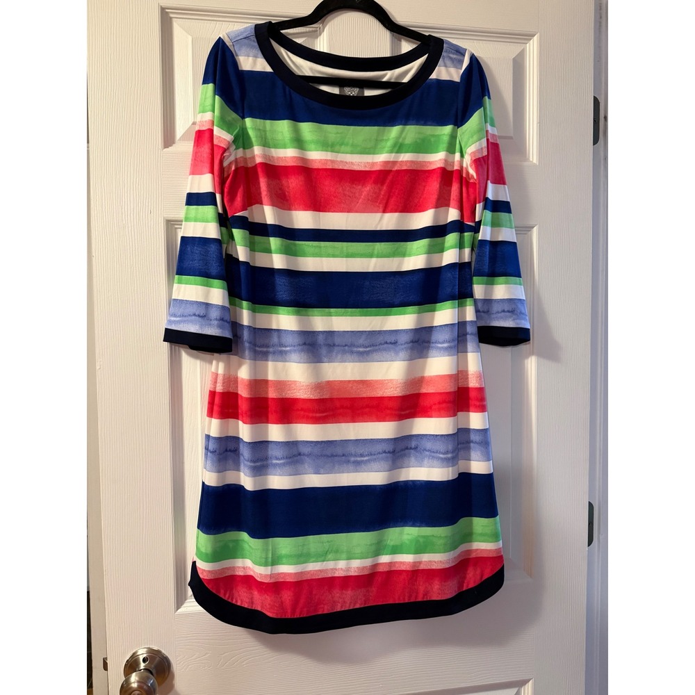 Vince Camuto Dress Womens 12 Multi Color Striped Boat Neck 3/4 Sleeve Shift